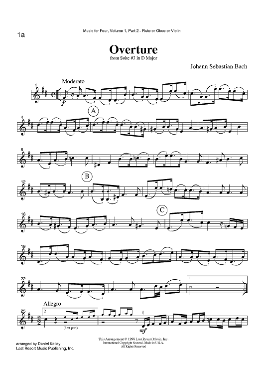 Overture - from Suite #3 in D Major - Part 2 Flute, Oboe or Violin
