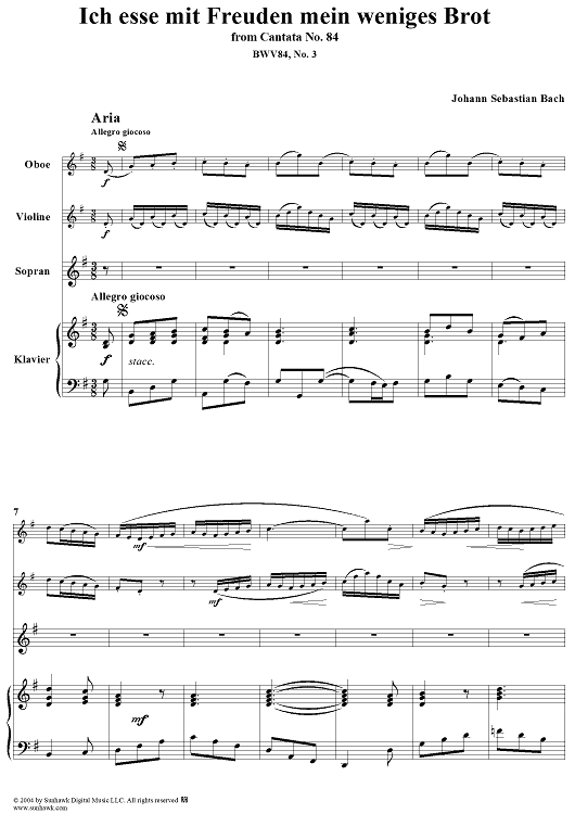 "Ich esse mit Freuden mein weniges Brot", Aria, No. 3 from Cantata No. 84: "Ich bin vergnügt mit meinem Glücke" - Piano Score