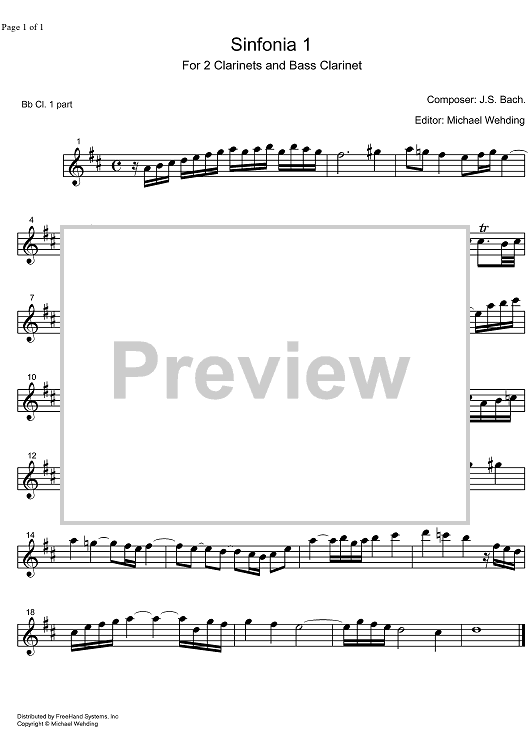 Three Part Sinfonia No. 1 BWV 787 C Major - B-flat Clarinet 1