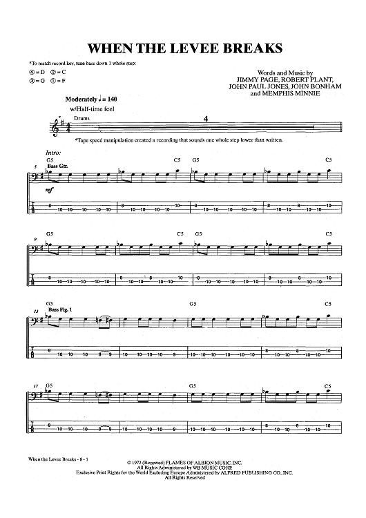 When the Levee Breaks" Sheet Music by Led Zeppelin for Bass Tab Sheet