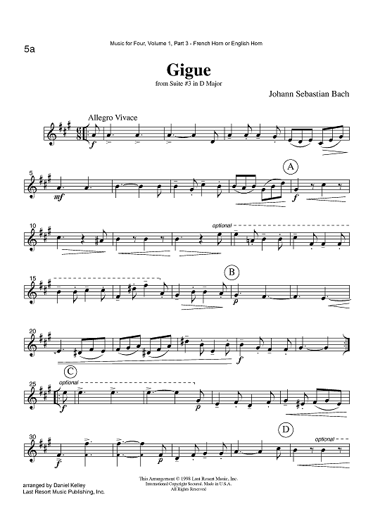 Gigue - from Suite #3 in D Major - Part 3 Horn or English Horn in F