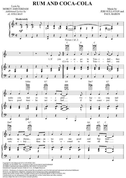 Rum and CocaCola" Sheet Music for Piano/Vocal/Chords Sheet Music Now