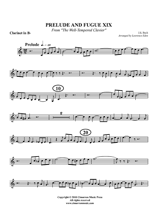 Prelude and Fugue XIX - From "The Well-Tempered Clavier" - Clarinet in Bb