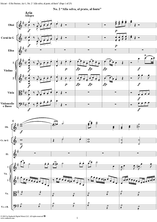 Alla selva, al prato, al fonte, No. 2 from "Il Re Pastore", Act 1 (K208) - Full Score