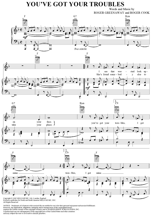 You've Got Your Troubles" Sheet Music by The Fortunes for Piano/Vocal