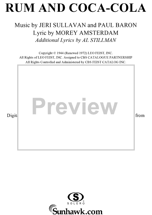 Rum and CocaCola" Sheet Music for Piano/Vocal/Chords Sheet Music Now