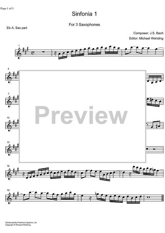 Three Part Sinfonia No. 1 BWV 787 C Major - E-flat Alto Saxophone