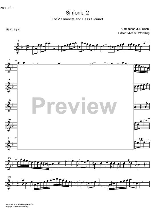 Three Part Sinfonia No. 2 BWV 788 c minor - B-flat Clarinet 1