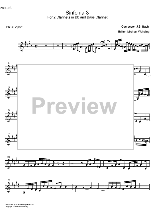 Three Part Sinfonia No. 3 BWV 789 D Major - B-flat Clarinet 2