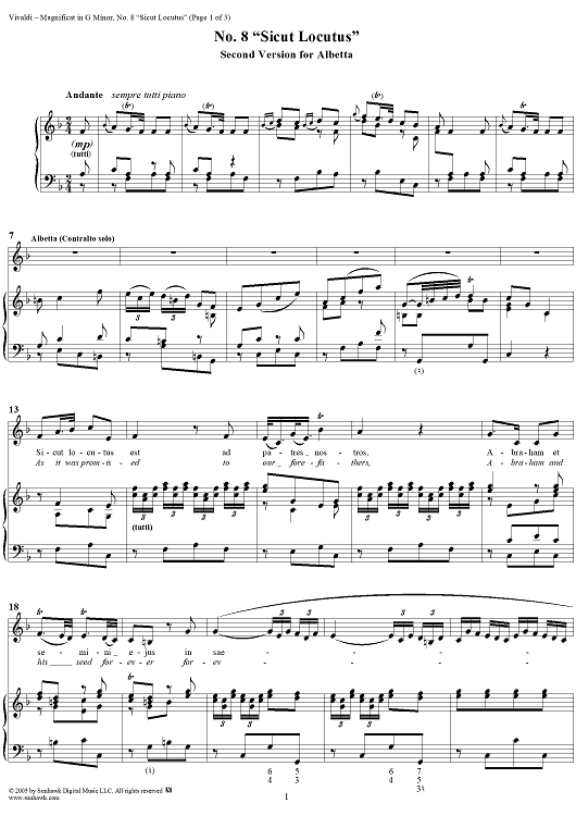 Magnificat in G Minor: No. 8, Sicut Locutus (Second Version for Albetta)