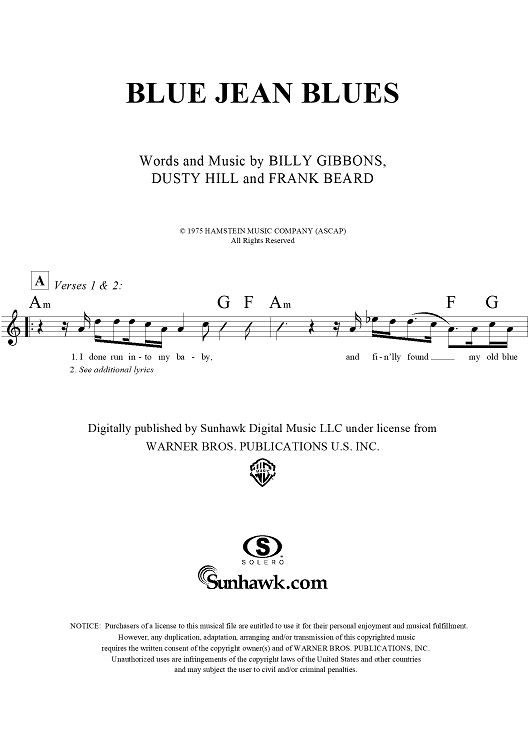 Blue Jean Blues" Sheet Music by ZZ Top for Lead Sheet Sheet Music Now