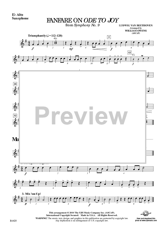 Fanfare On Ode to Joy from Symphony No. 9 Eb Alto Sax" Sheet Music