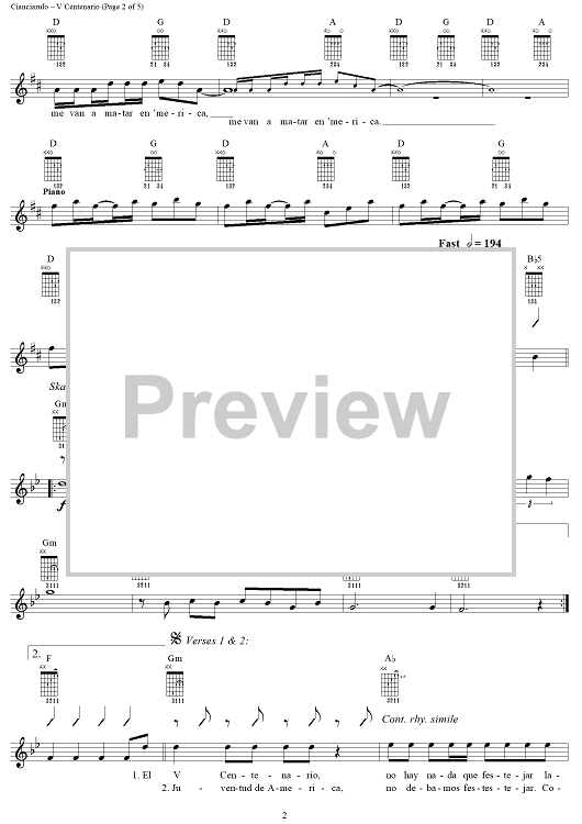 V Centenario" Sheet Music by Los Fabulosos Cadillacs for Lead Sheet