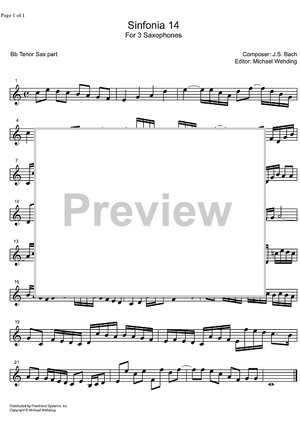 Three Part Sinfonia No.14 BWV 800 Bb Major - B-flat Tenor Saxophone