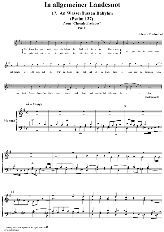 Chorale Preludes, Part II, In allgemeiner Landesnot, 17. An Wasserflüssen Babylon (Psalm 137) (Ein Lämmlein geht)