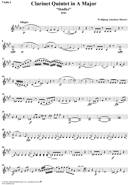 Clarinet Quintet in A Major, K581 - Violin 2