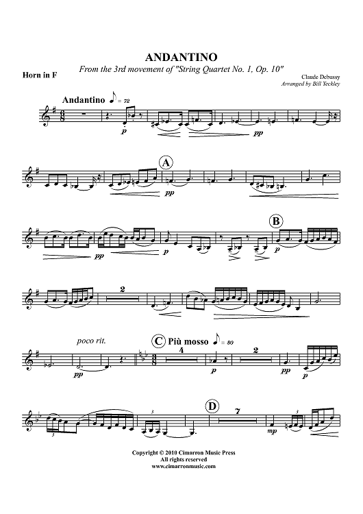 Andantino - From the 3rd movement of "String Quartet No. 1, Op. 10" - Horn in F