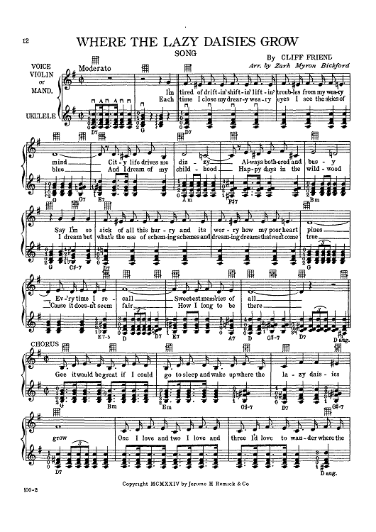 Where The Lazy Daisies Grow" Sheet Music for Ukulele Sheet Music Now