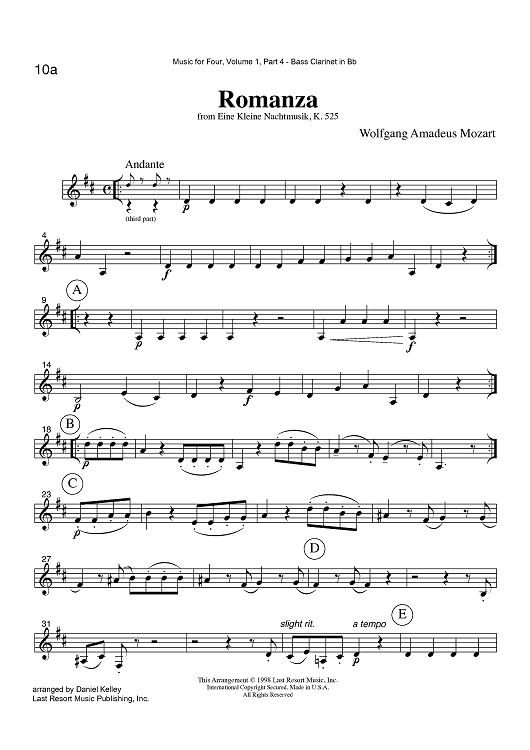 Romanza - from Eine Kleine Nachtmusik, K. 525 - Part 4 Bass Clarinet in Bb