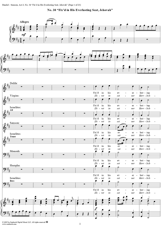 Samson, Act 2, No. 38: "Fix'd in his everlasting seat, Jehovah" - Score