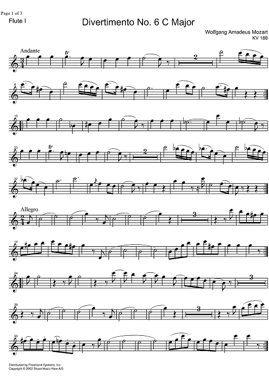 Divertimento No. 6 C Major KV188 - Flute 1