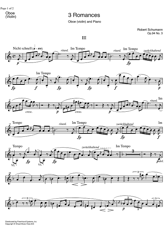 Romance Op.94 No. 3 - Oboe/Violin