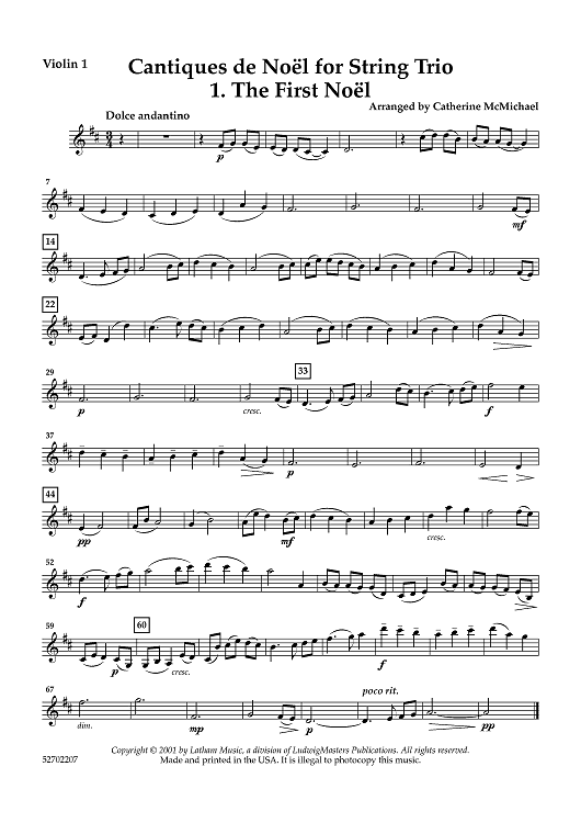 Cantiques de Noël - for String Trio - Violin 1