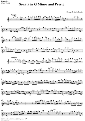 Sonata in G Minor and Presto - Recorder (F)/Flute/Violin