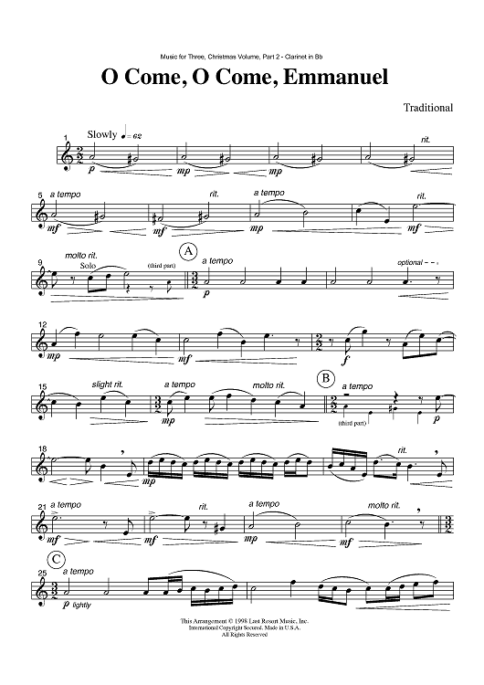 O Come, O Come, Emmanuel - Part 2 Clarinet in Bb