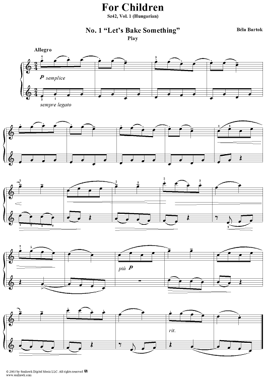 "For Children", piano pieces, Vol. I (Hungarian), Nos. 1 - 21