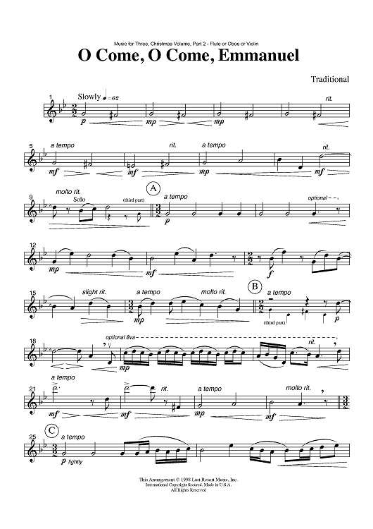 O Come, O Come, Emmanuel - Part 2 Flute, Oboe or Violin