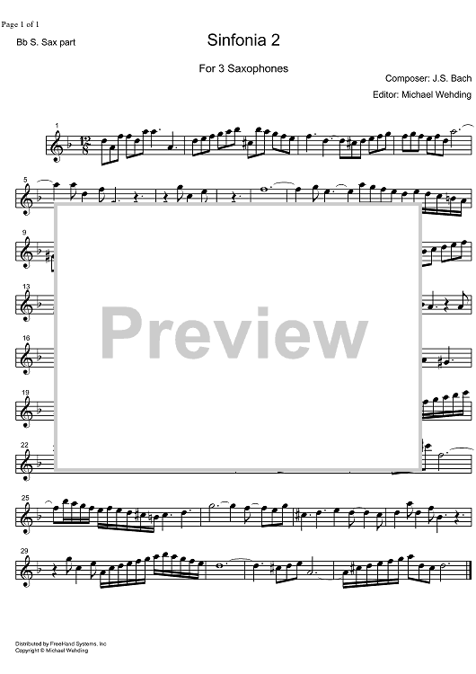 Three Part Sinfonia No. 2 BWV 788 c minor - B-flat Soprano Saxophone