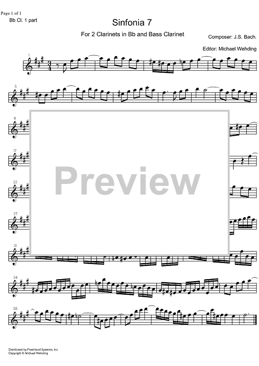Three Part Sinfonia No. 7 BWV 793 e minor - B-flat Clarinet 1