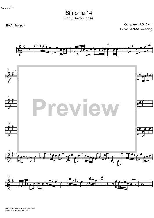 Three Part Sinfonia No.14 BWV 800 Bb Major - E-flat Alto Saxophone
