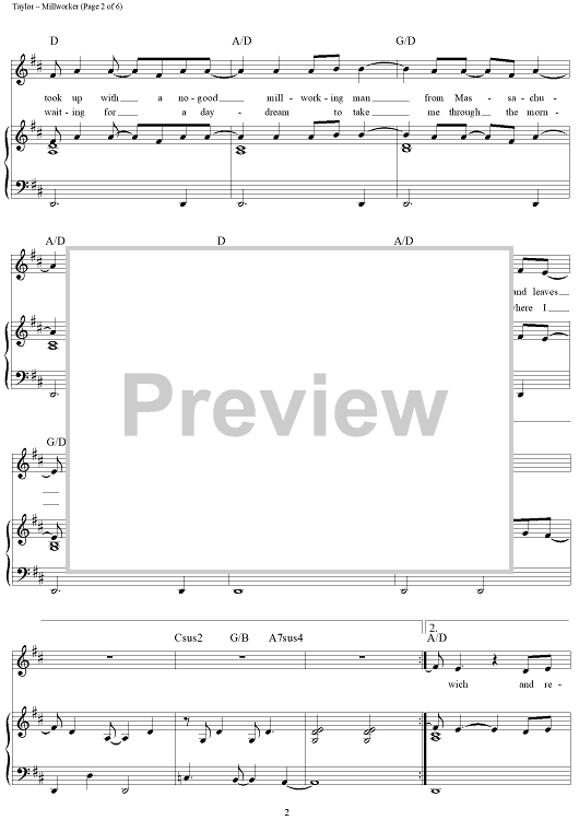 Millworker" Sheet Music by James Taylor for Piano/Vocal/Chords Sheet