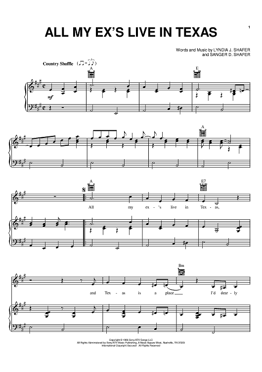 Sheet music cover for “All My Ex's Live In Texas” by George Strait in piano/vocal style