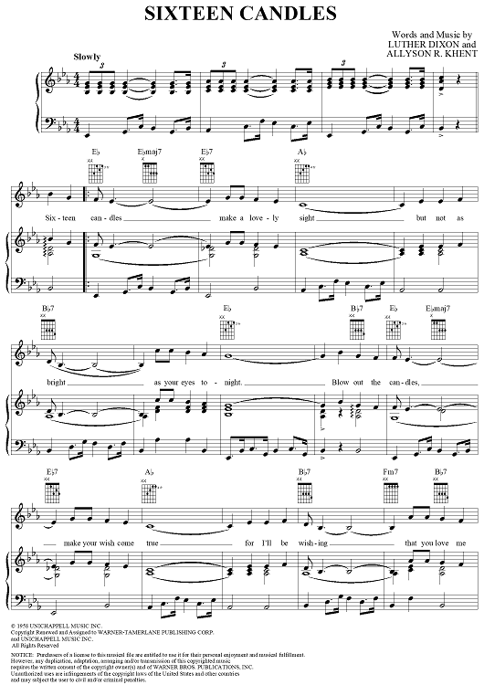 Sixteen Candles" Sheet Music by The Crests for Piano/Vocal/Chords