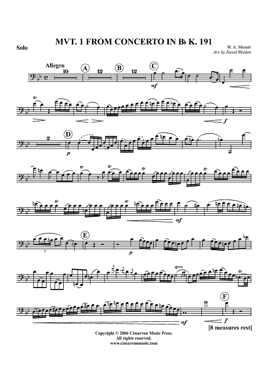 Mvt. 1 from Concerto in B-flat, K. 191 - Bassoon or Euphonium Solo