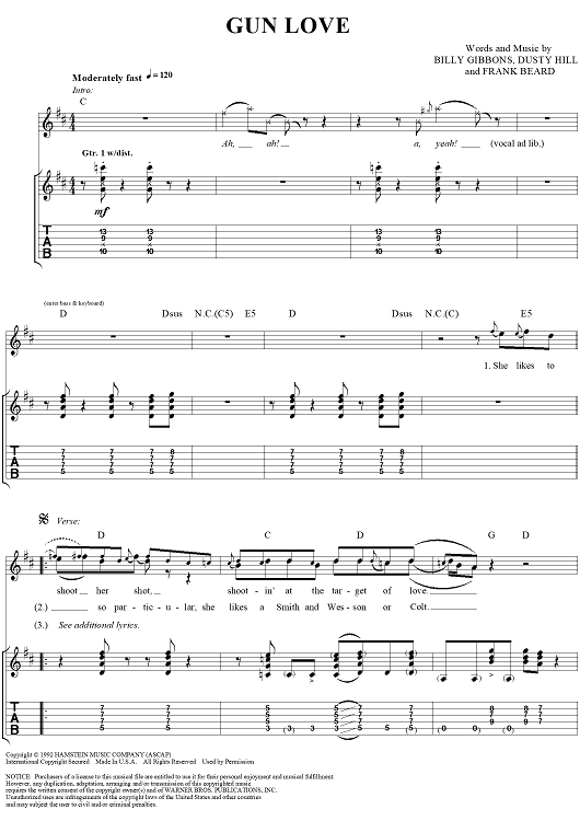Gun Love" Sheet Music by ZZ Top for Guitar Tab/Vocal Sheet Music Now