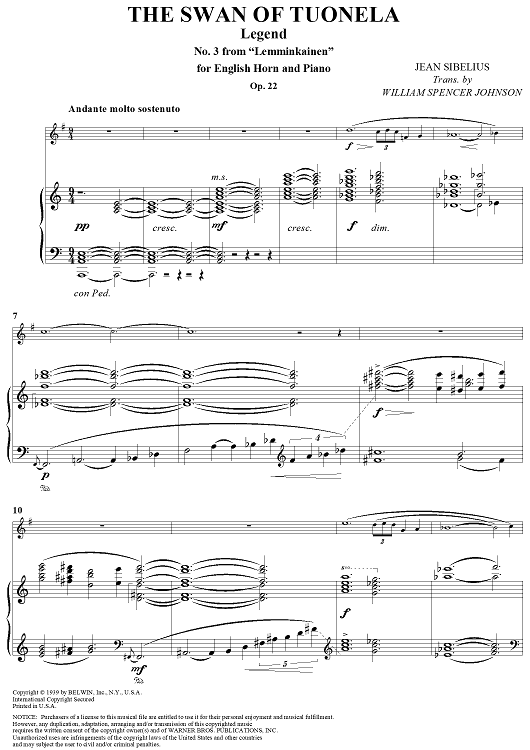 The Swan of Tuonela, No. 3 from "Lemminkäinen," Op. 22 - Piano Score