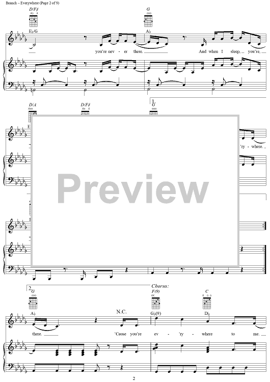 Michelle Branch Everywhere Sheet Music in Db Major (transposable) -  Download & Print - SKU: MN0040470