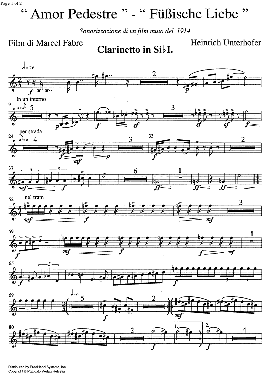 Amor pedestre- Fuessische Liebe [set of parts] - B-flat Clarinet 1
