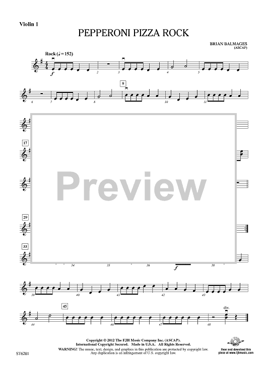 Pepperoni Pizza Rock Violin 1" Sheet Music for String Orchestra Sheet Music Now