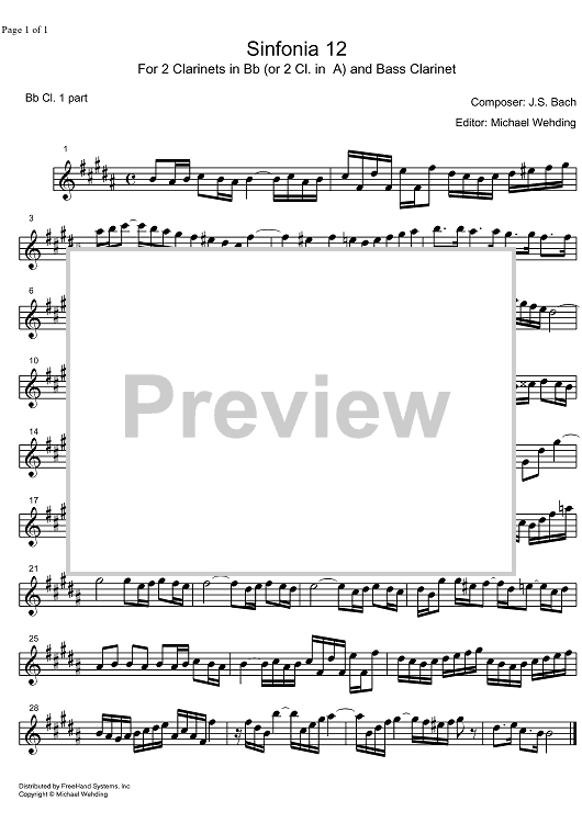 Three Part Sinfonia No.12 BWV 798 A Major - B-flat Clarinet 1