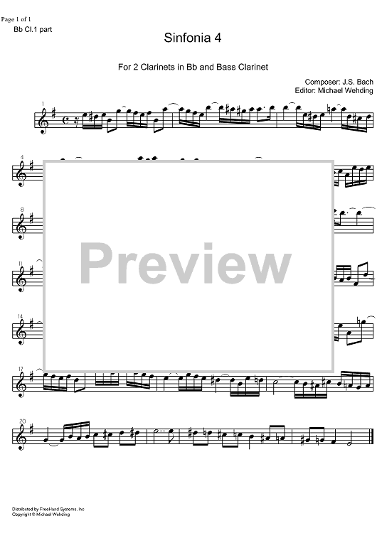 Three Part Sinfonia No. 4 BWV 790 d minor - B-flat Clarinet 1