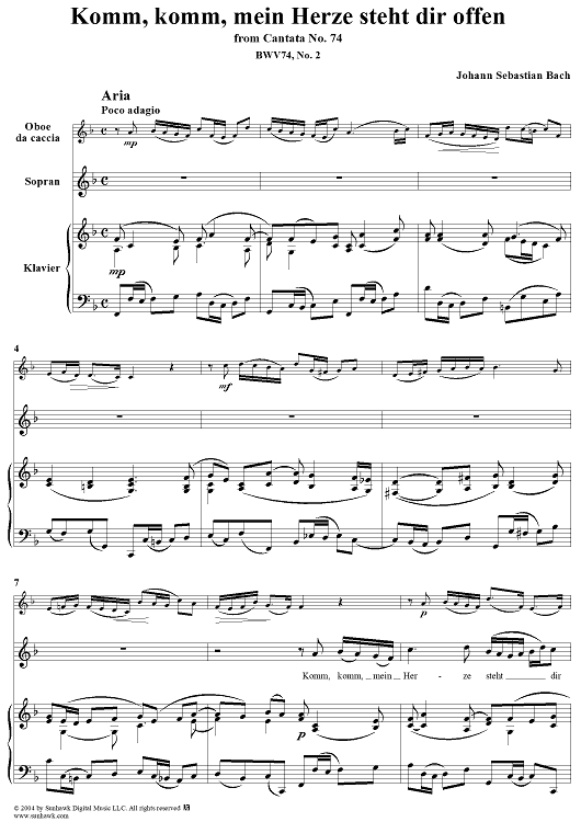 "Komm, komm, mein Herze steht dir offen", Aria, No. 2 from Cantata No. 74: "Wer mich liebet, der wird mein Wort halten" - Piano Score