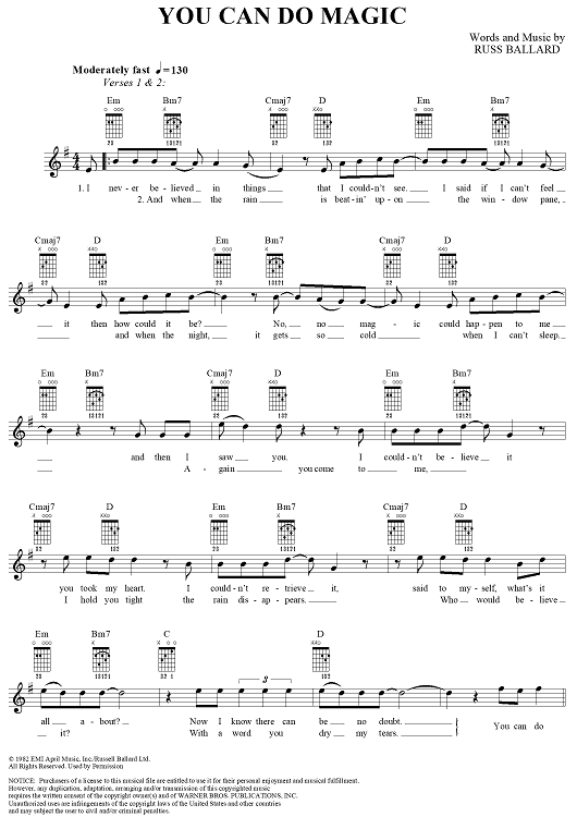 You Can Do Magic" Sheet Music by America for Easy Guitar/Vocal Sheet