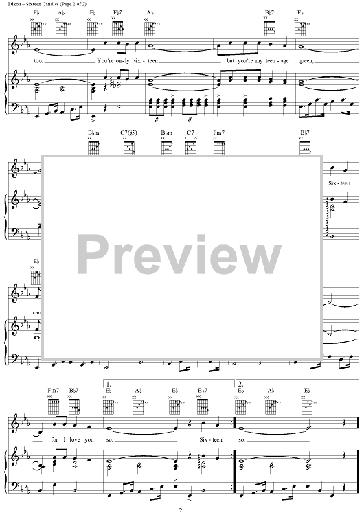 Sixteen Candles" Sheet Music by The Crests for Piano/Vocal/Chords