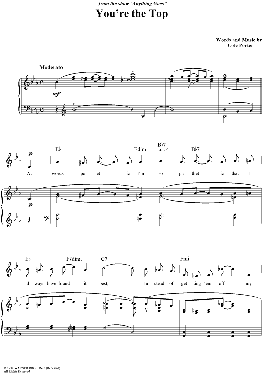 You're the Top" Sheet Music by Ethel Merman; Bing Crosby; Mitzi Gaynor for Piano/Vocal Sheet