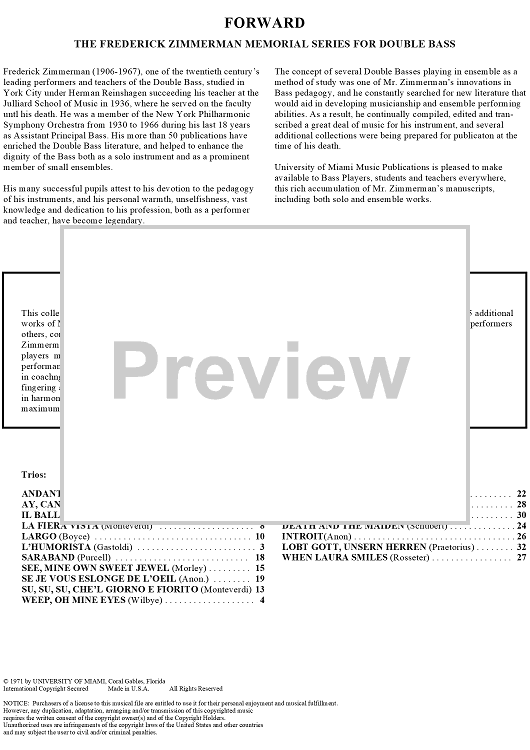 Trios and Quartets for Double Basses, Volume I Foreword" Sheet Music